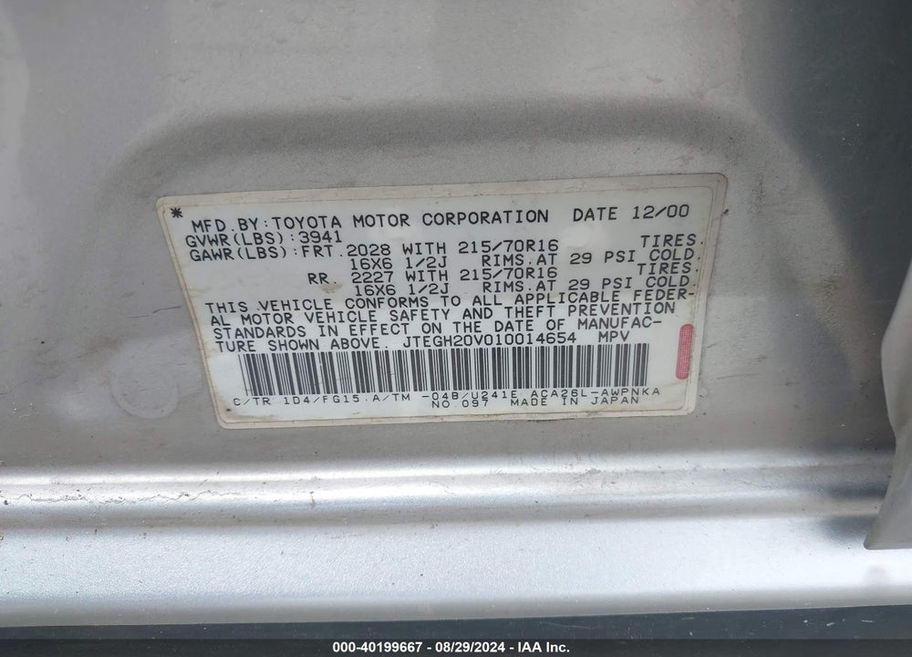 2001 TOYOTA RAV4 VIN: JTEGH20V010014654
