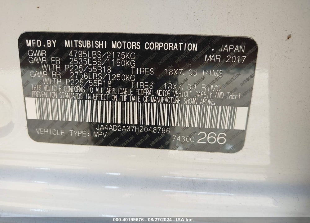 2017 MITSUBISHI OUTLANDER ES VIN: JA4AD2A37HZ048786