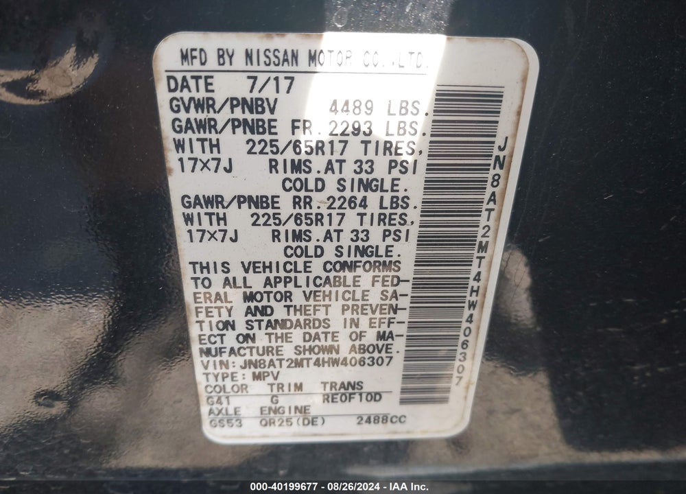 2017 NISSAN ROGUE S VIN: JN8AT2MT4HW406307