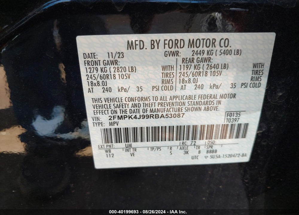 2024 FORD EDGE SEL VIN: 2FMPK4J99RBA53087
