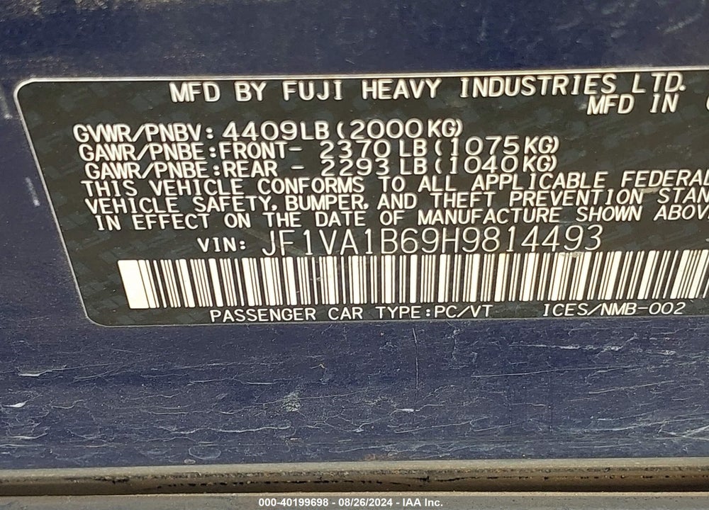 2017 SUBARU WRX VIN: JF1VA1B69H9814493