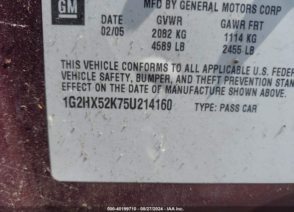2005 PONTIAC BONNEVILLE VIN: 1G2HX52K75U214160