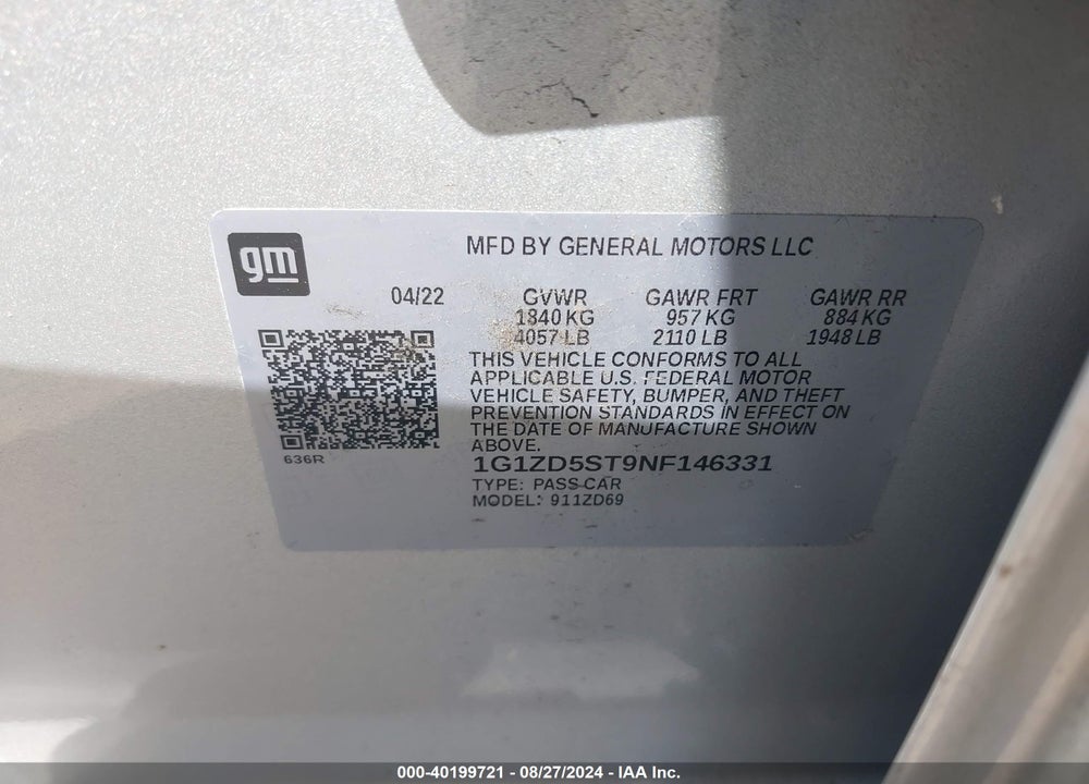 2022 CHEVROLET MALIBU FWD LT VIN: 1G1ZD5ST9NF146331