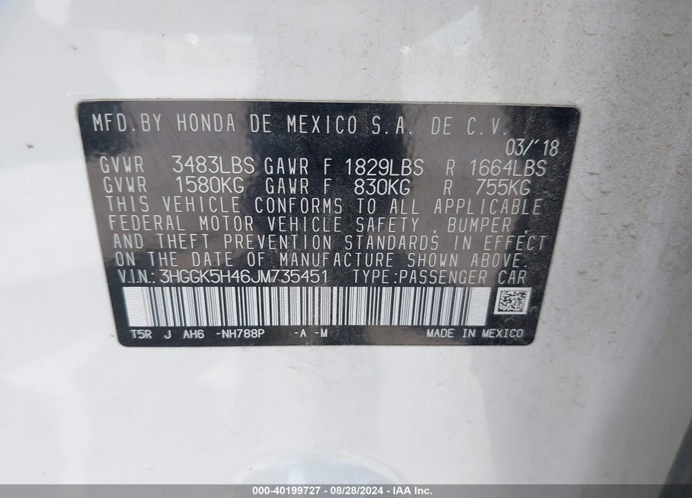 2018 HONDA FIT LX VIN: 3HGGK5H46JM735451