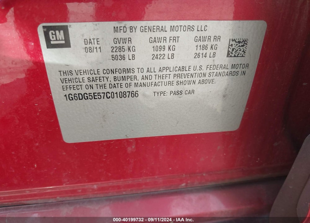 2012 CADILLAC CTS LUXURY VIN: 1G6DG5E57C0108766