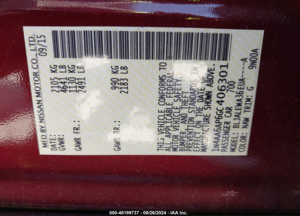 2016 NISSAN MAXIMA 3.5 SL VIN: 1N4AA6AP6GC406301