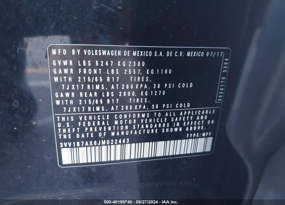 2018 VOLKSWAGEN TIGUAN 2.0T S VIN: 3VV1B7AX6JM022443