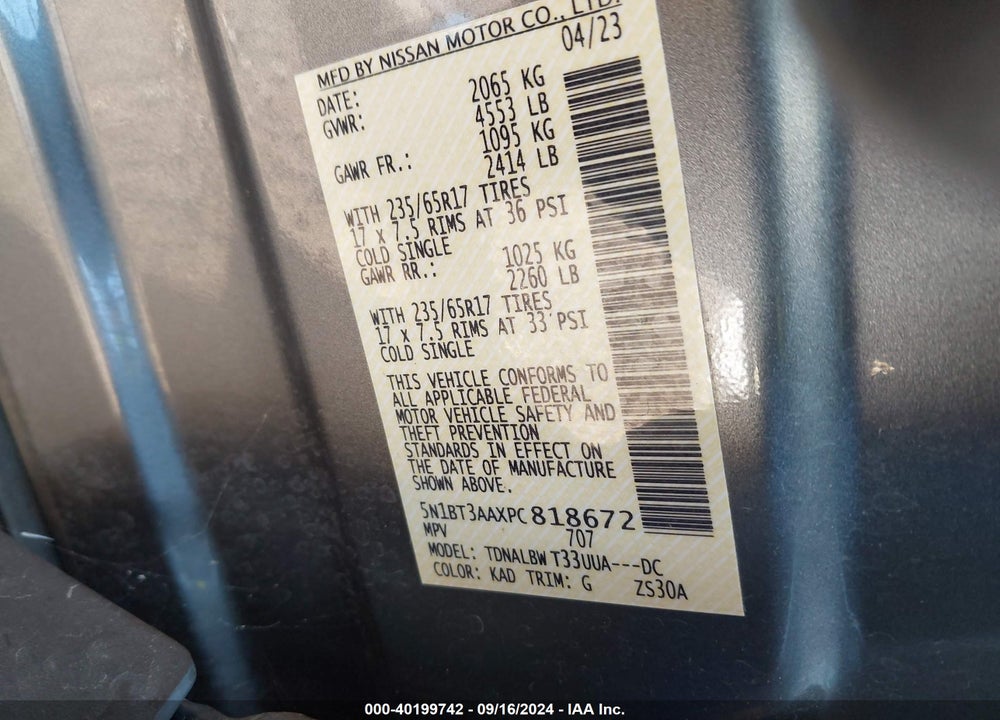2023 NISSAN ROGUE S FWD VIN: 5N1BT3AAXPC818672