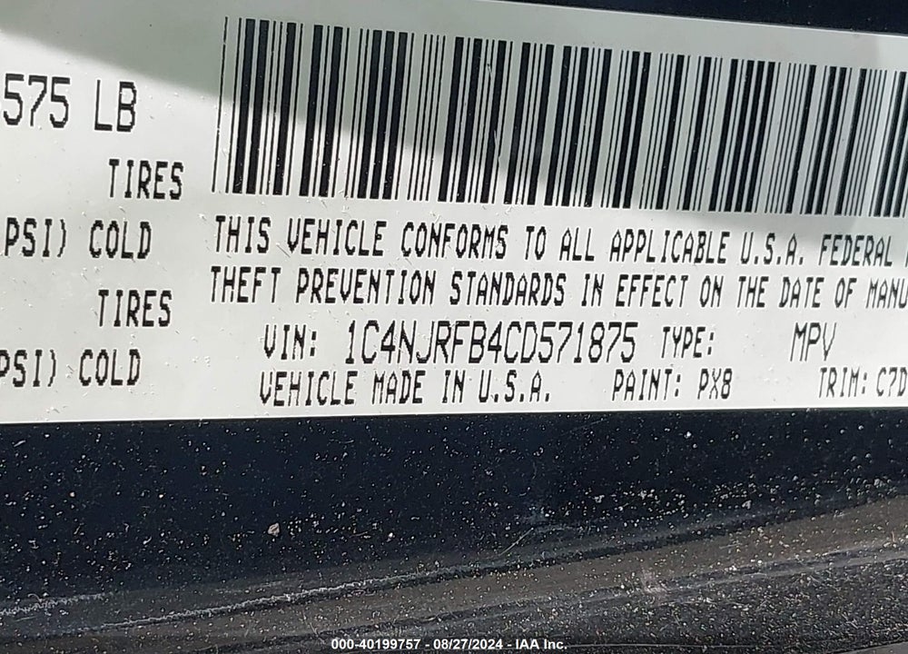 2012 JEEP PATRIOT LATITUDE VIN: 1C4NJRFB4CD571875