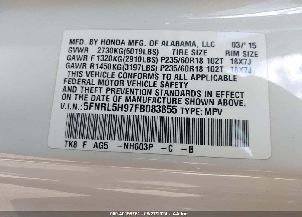 2015 HONDA ODYSSEY TOURING/TOURING ELITE VIN: 5FNRL5H97FB083855