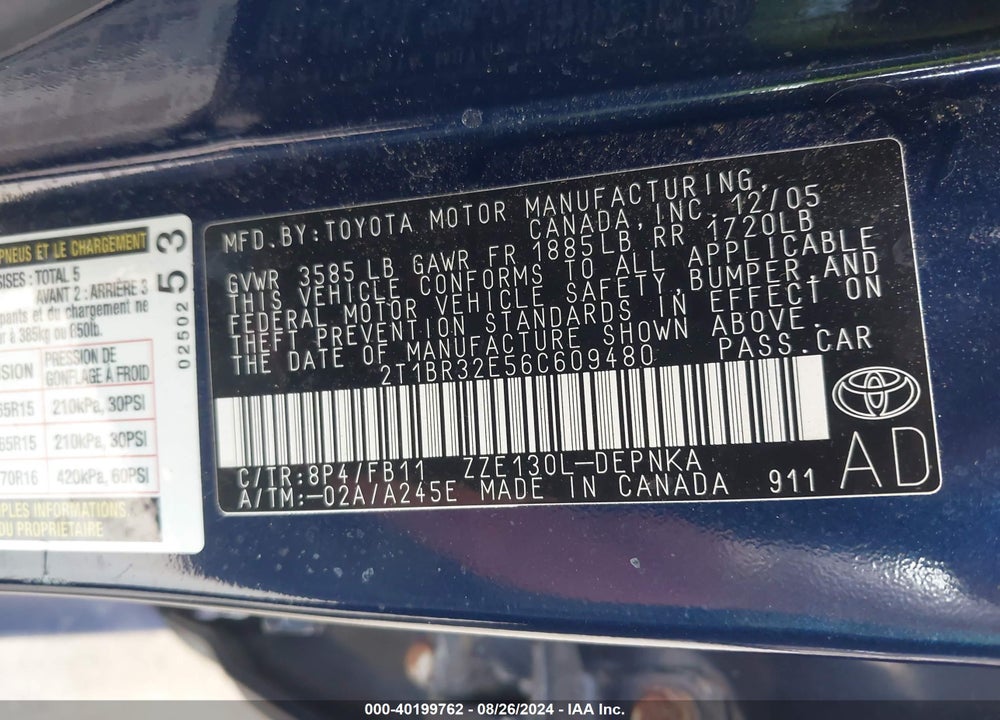 2006 TOYOTA COROLLA LE VIN: 2T1BR32E56C609480