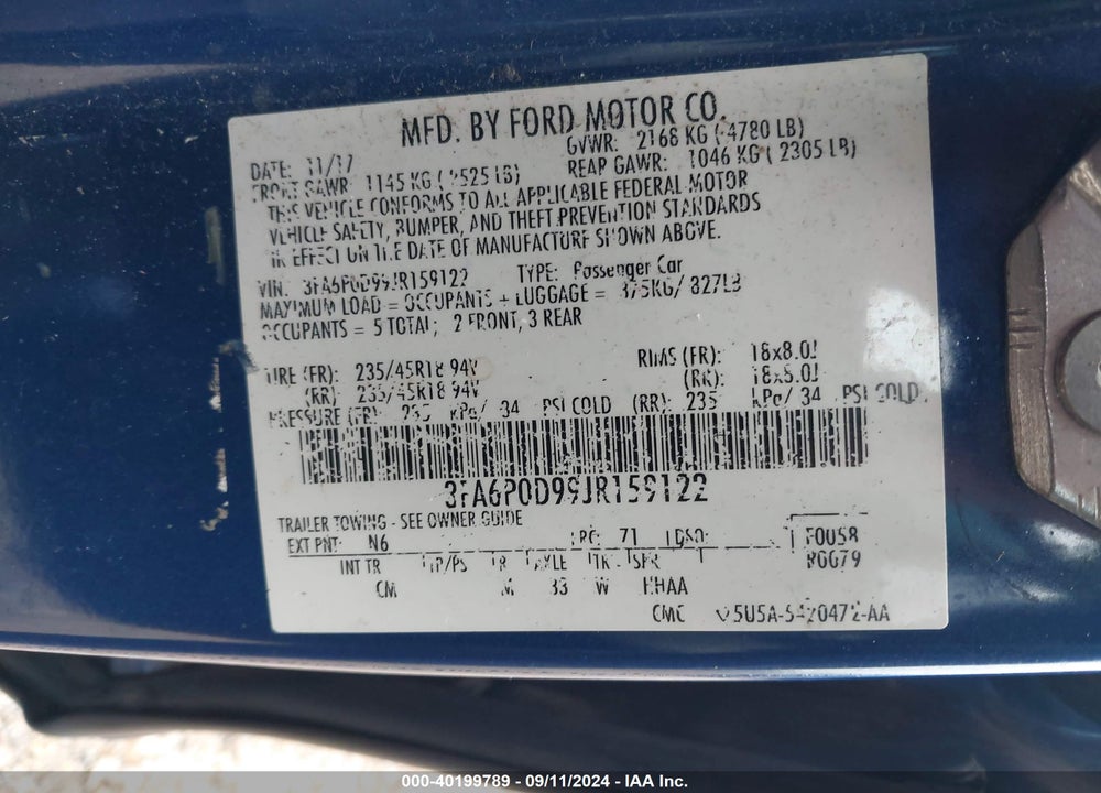 2018 FORD FUSION TITANIUM VIN: 3FA6P0D99JR159122