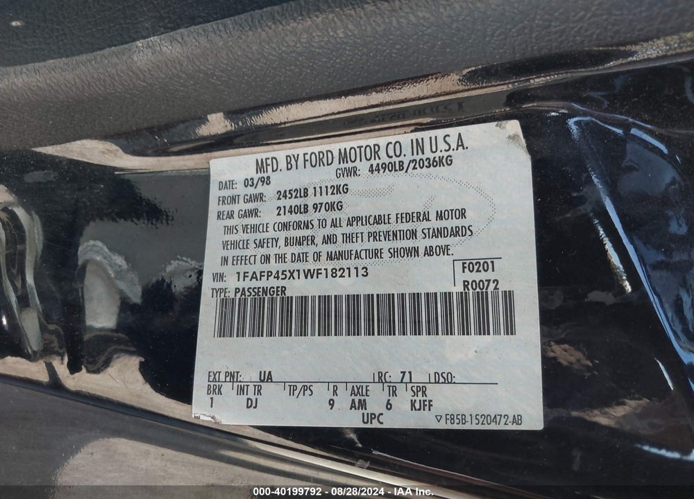 1998 FORD MUSTANG GT VIN: 1FAFP45X1WF182113