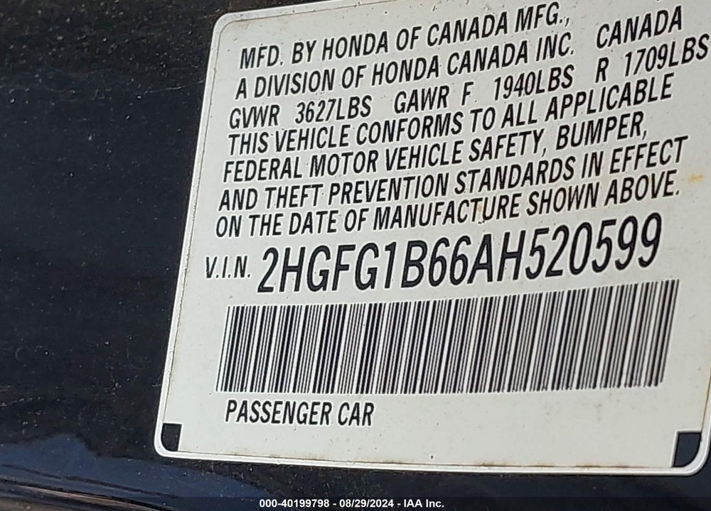 2010 HONDA CIVIC LX VIN: 2HGFG1B66AH520599