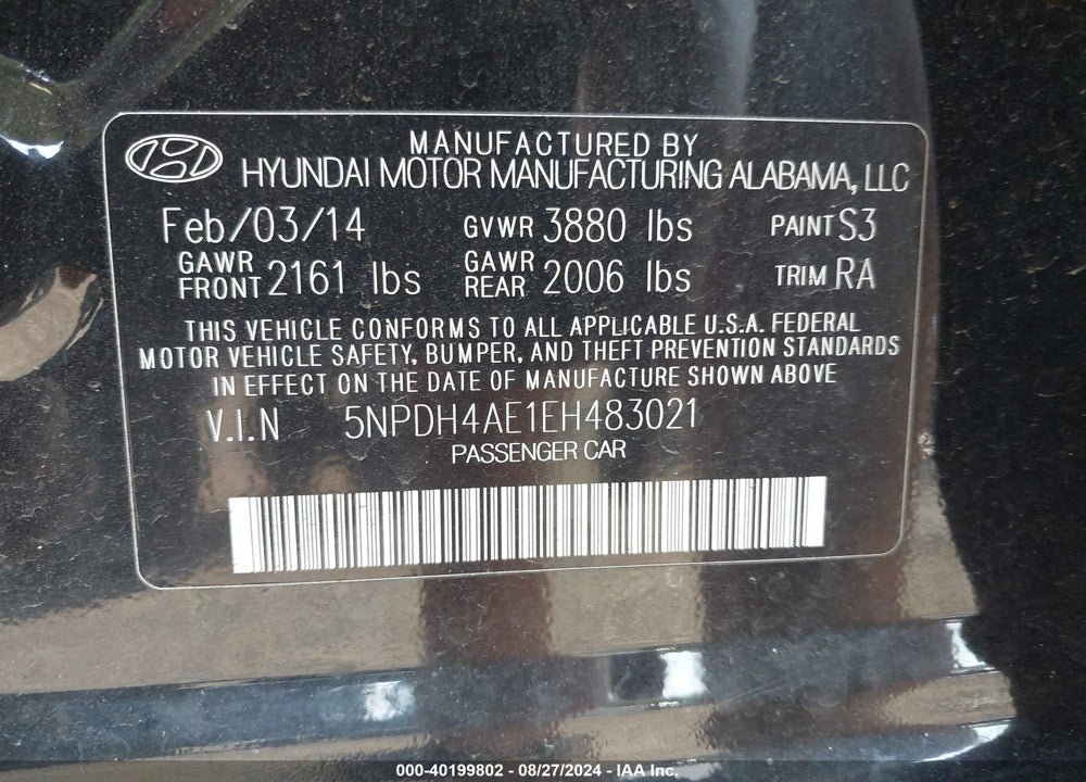 2014 HYUNDAI ELANTRA SE VIN: 5NPDH4AE1EH483021