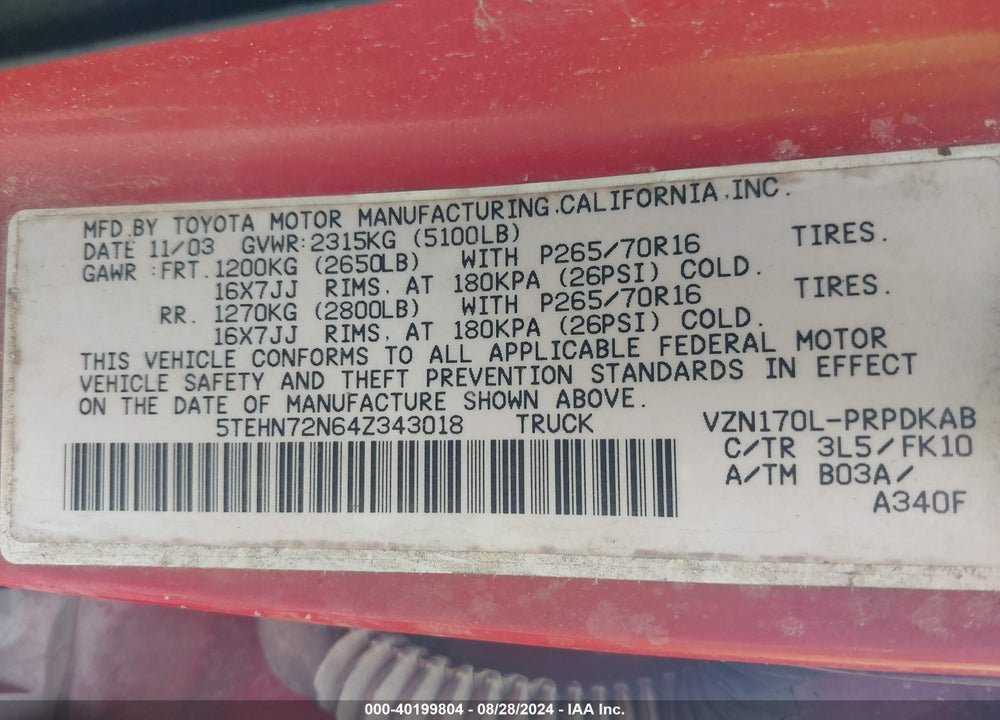 2004 TOYOTA TACOMA BASE V6 VIN: 5TEHN72N64Z343018