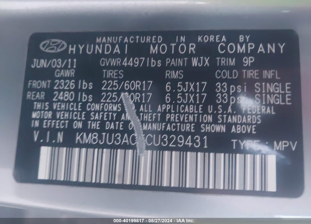 2012 HYUNDAI TUCSON GLS VIN: KM8JU3ACXCU329431