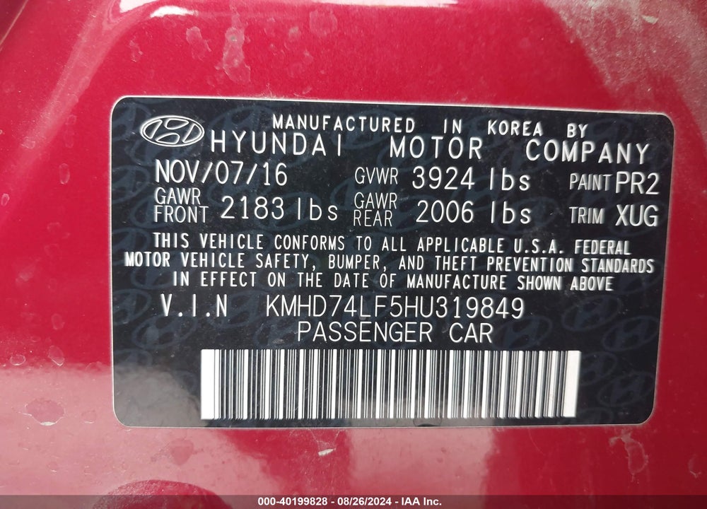 2017 HYUNDAI ELANTRA SE VIN: KMHD74LF5HU319849