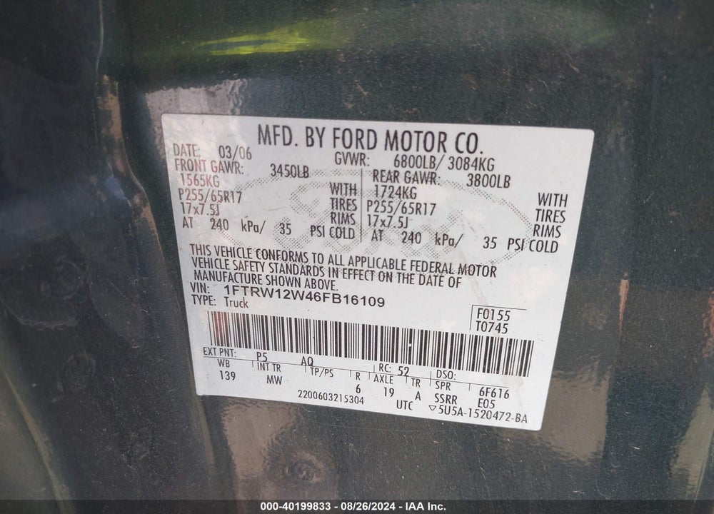 2006 FORD F-150 XLT VIN: 1FTRW12W46FB16109