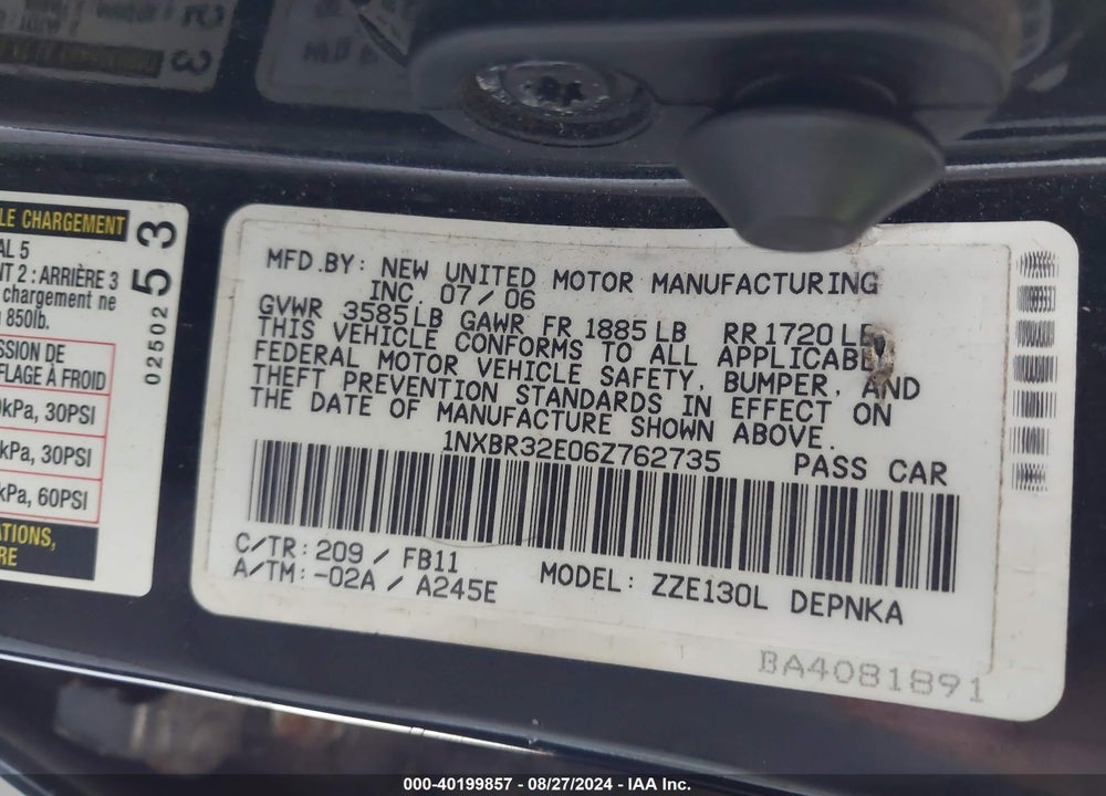 2006 TOYOTA COROLLA LE VIN: 1NXBR32E06Z762735