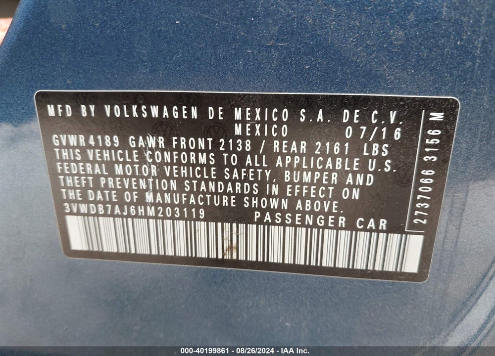 2017 VOLKSWAGEN JETTA 1.4T SE VIN: 3VWDB7AJ6HM203119