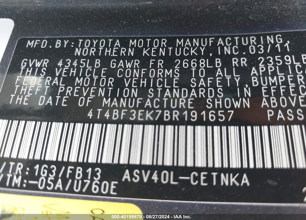 2011 TOYOTA CAMRY LE VIN: 4T4BF3EK7BR191657