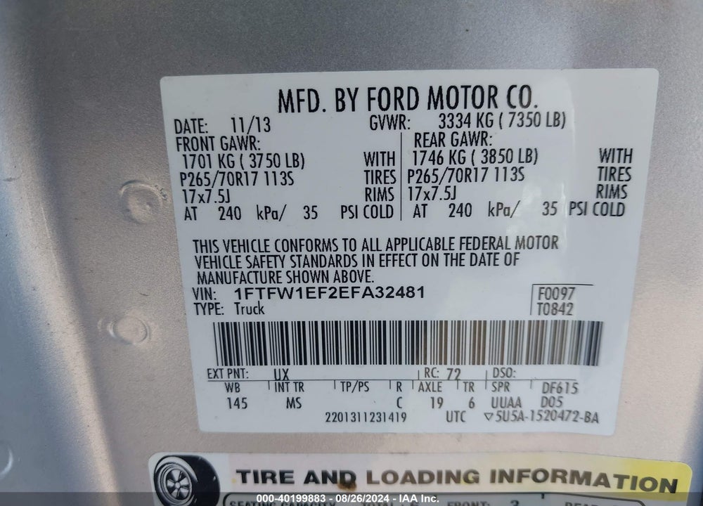 2014 FORD F-150 XLT VIN: 1FTFW1EF2EFA32481