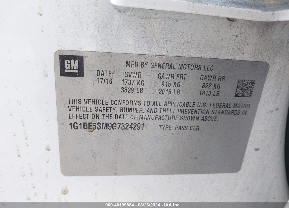 2016 CHEVROLET CRUZE LT AUTO VIN: 1G1BE5SM9G7324291