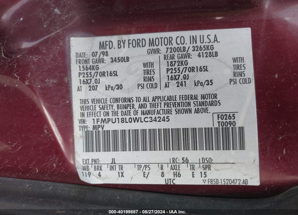 1998 FORD EXPEDITION VIN: 1FMPU18L0WLC34245