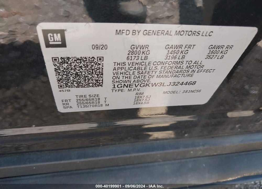 2020 CHEVROLET TRAVERSE AWD LT CLOTH VIN: 1GNEVGKW3LJ324468