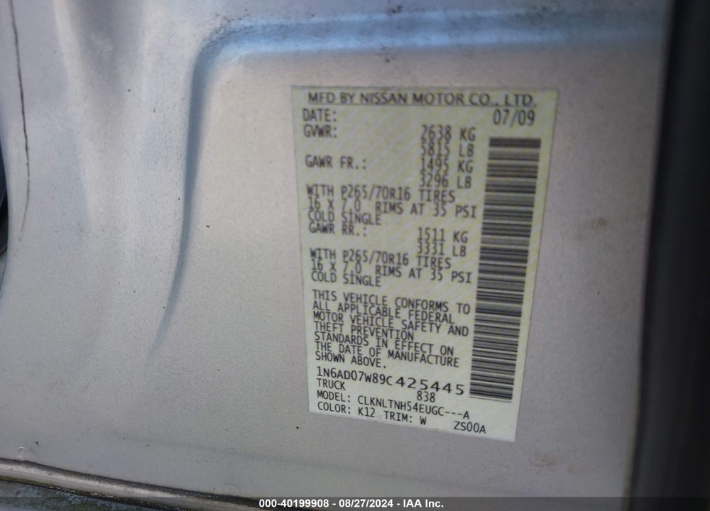 2009 NISSAN FRONTIER SE VIN: 1N6AD07W89C425445