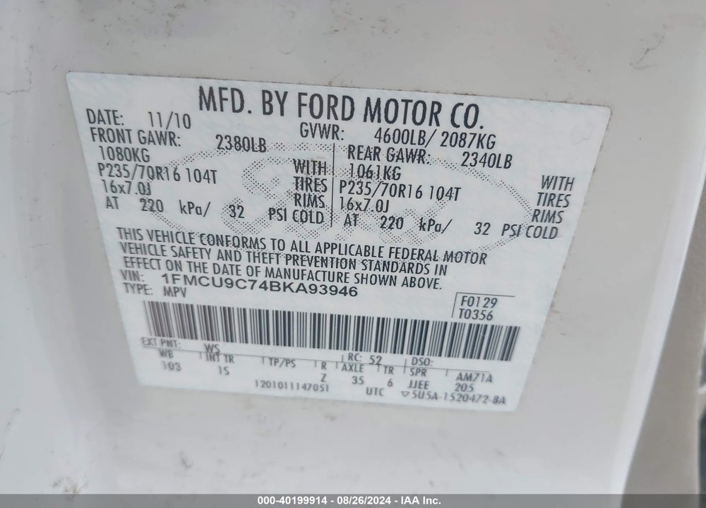 2011 FORD ESCAPE XLS VIN: 1FMCU9C74BKA93946