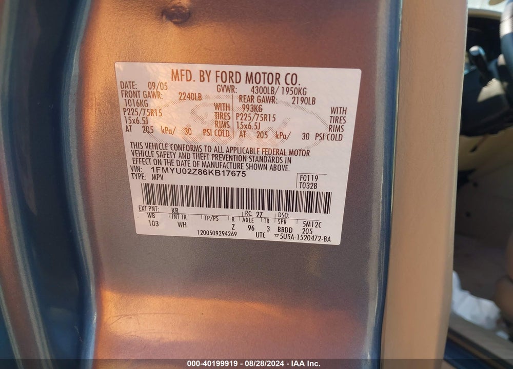 2006 FORD ESCAPE XLS/XLS MANUAL VIN: 1FMYU02Z86KB17675