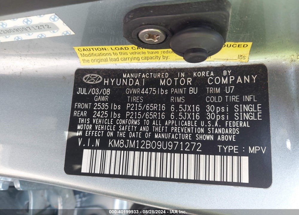 2009 HYUNDAI TUCSON GLS VIN: KM8JM12B09U971272