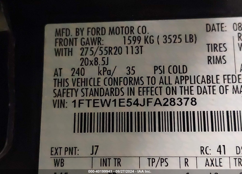 2018 FORD F-150 VIN: 1FTEW1E54JFA28378