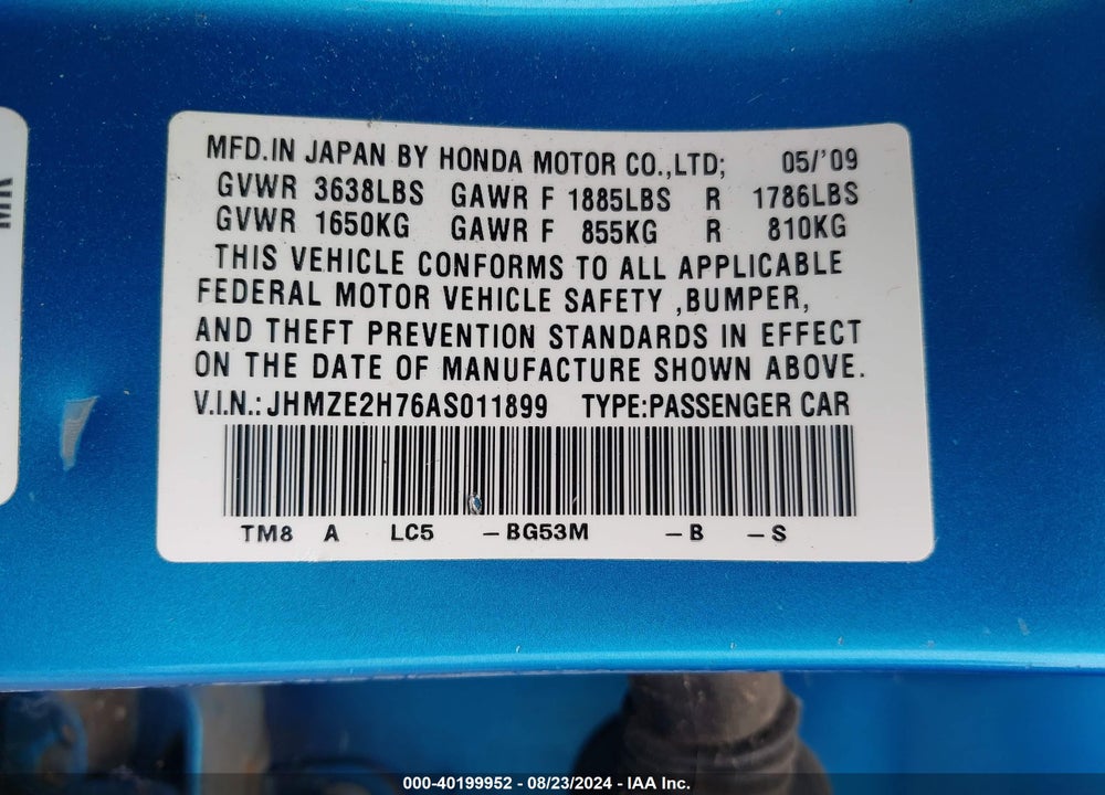 2010 HONDA INSIGHT VIN: JHMZE2H76AS011899