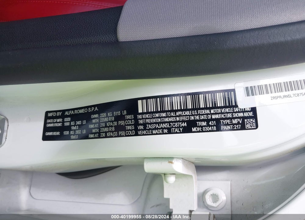 2020 ALFA ROMEO STELVIO RWD VIN: ZASPAJAN5L7C87544