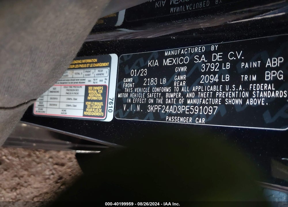 2023 KIA FORTE LXS VIN: 3KPF24AD3PE591097