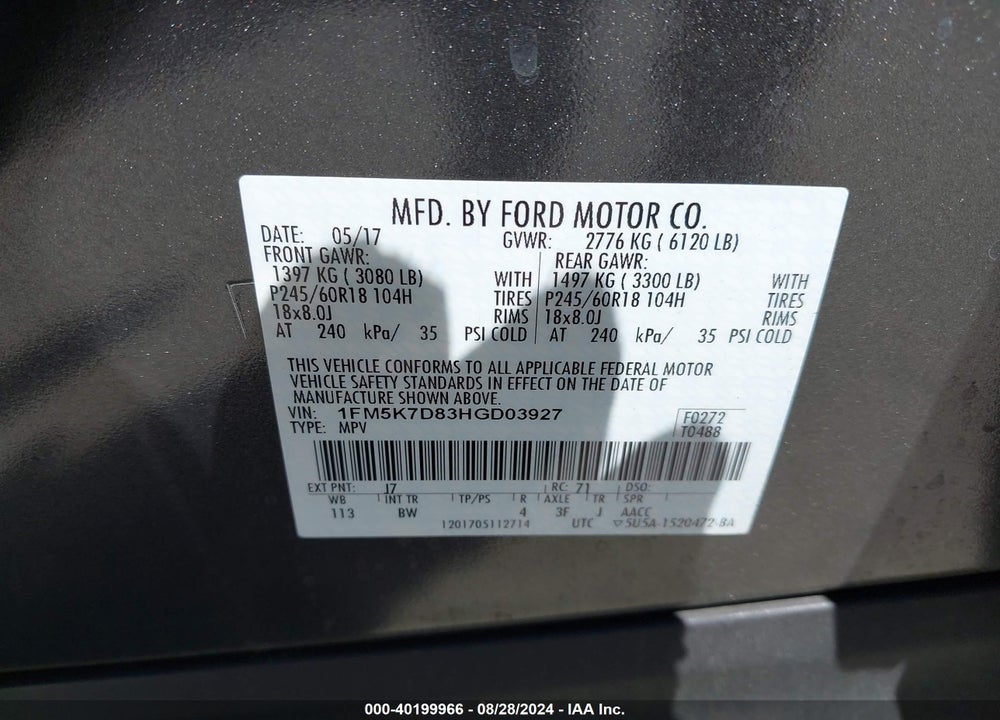 2017 FORD EXPLORER XLT VIN: 1FM5K7D83HGD03927