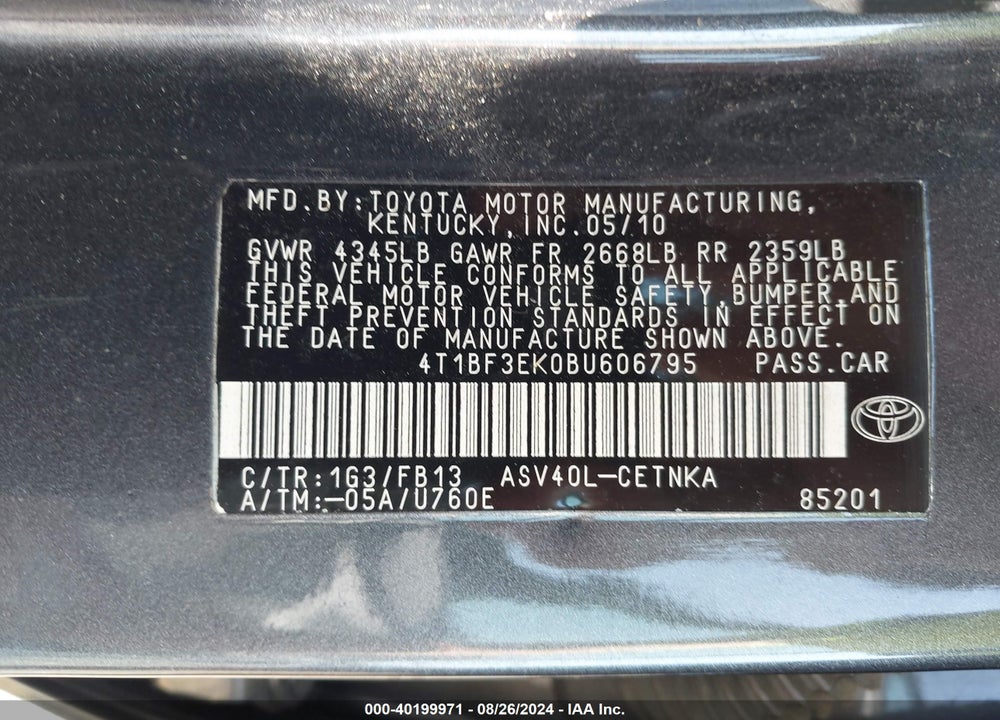 2011 TOYOTA CAMRY LE VIN: 4T1BF3EK0BU606795