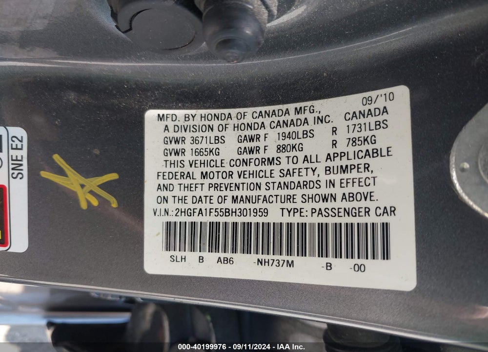 2011 HONDA CIVIC LX VIN: 2HGFA1F55BH301959
