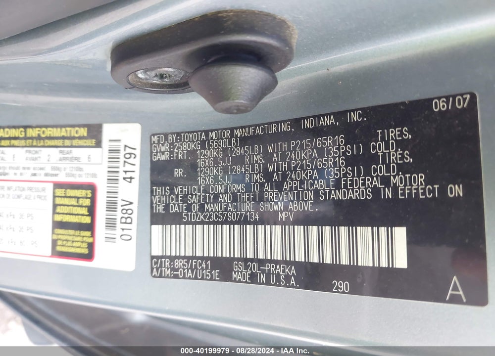 2007 TOYOTA SIENNA LE VIN: 5TDZK23C57S077134
