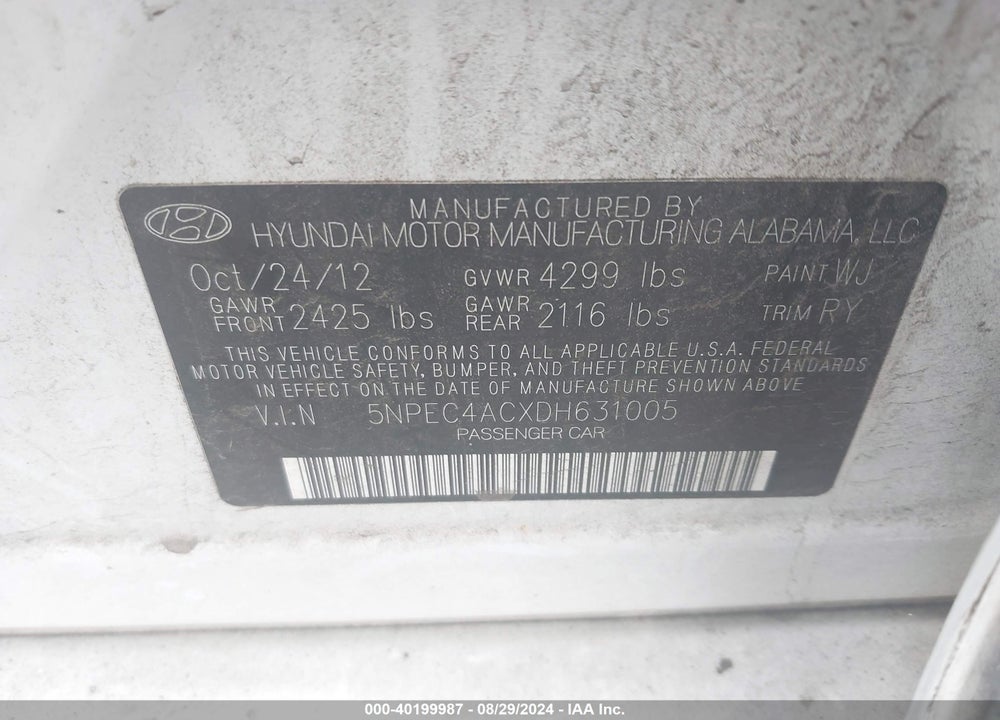 2013 HYUNDAI SONATA VIN: 5NPEC4ACXDH631005