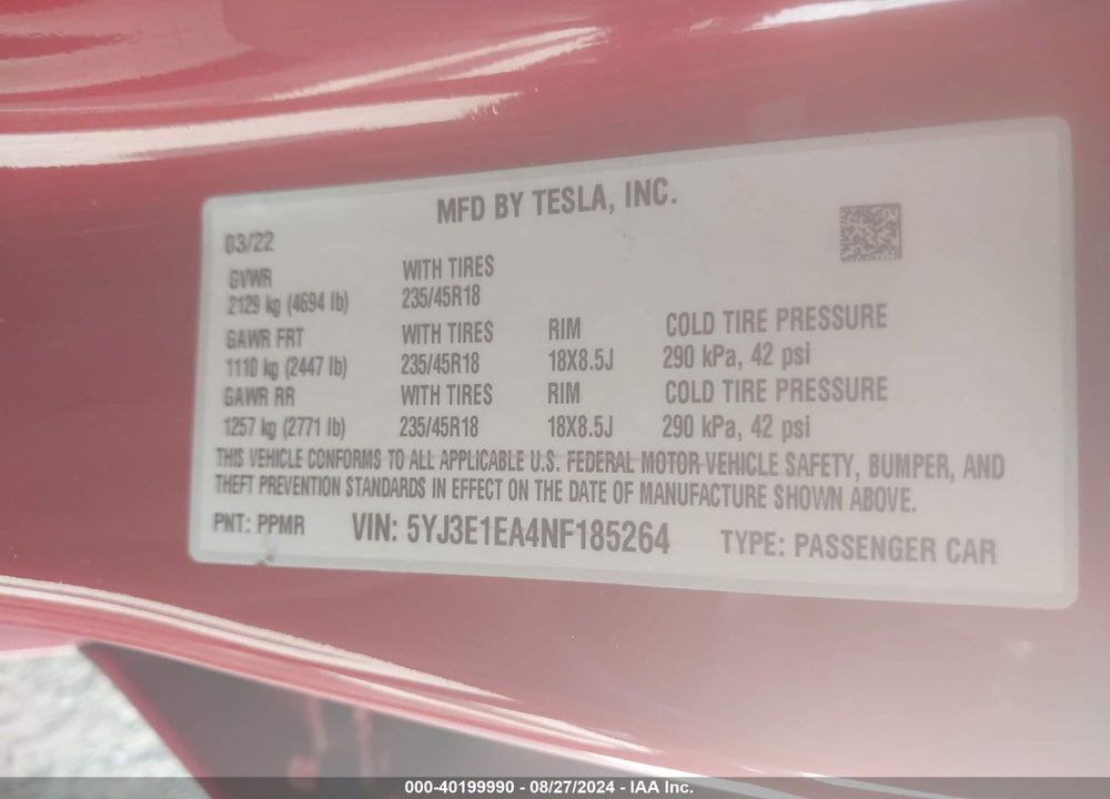 2022 TESLA MODEL 3 REAR-WHEEL DRIVE VIN: 5YJ3E1EA4NF185264