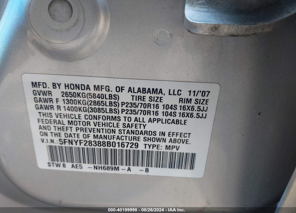 2008 HONDA PILOT SE VIN: 5FNYF28388B016729