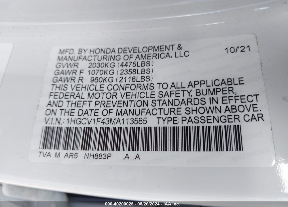 2021 HONDA ACCORD SPORT SPECIAL EDITION VIN: 1HGCV1F43MA113585