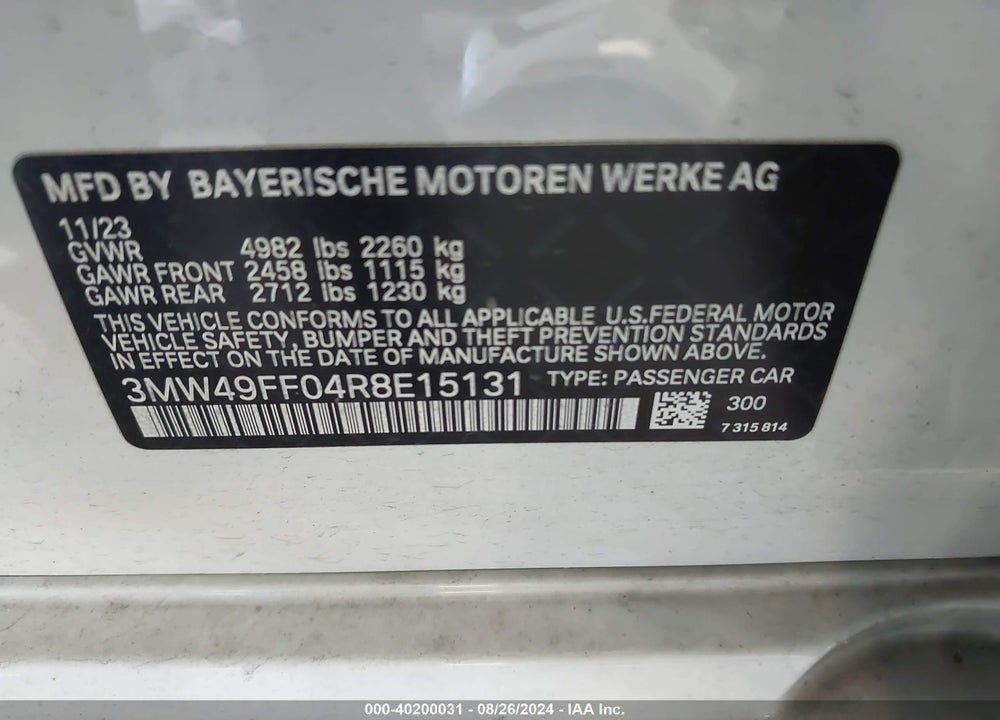 2024 BMW 3 SERIES M340I XDRIVE VIN: 3MW49FF04R8E15131