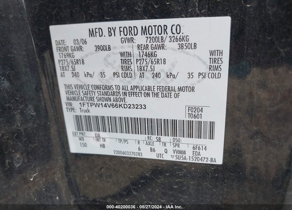 2006 FORD F-150 FX4/LARIAT/XLT VIN: 1FTPW14V66KD23233