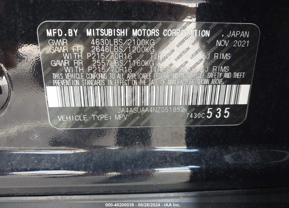 2022 MITSUBISHI ECLIPSE CROSS ES VIN: JA4ASUAA4NZ051852