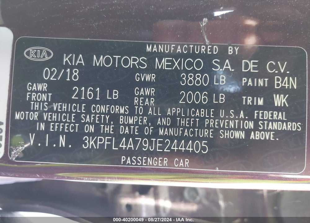 2018 KIA FORTE LX VIN: 3KPFL4A79JE244405